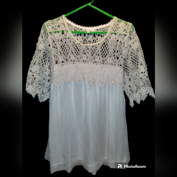 Pretty Angel Crochet Bodice Balloon Hem White Dressy Blouse Sz. Small - Picture 1 of 5